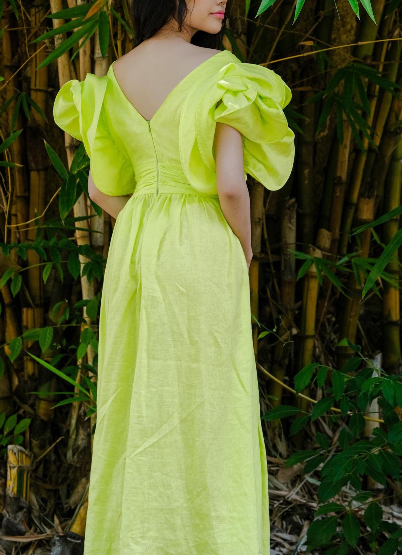 ĐẦM MIDI LINEN XANH TAY PHỒNG