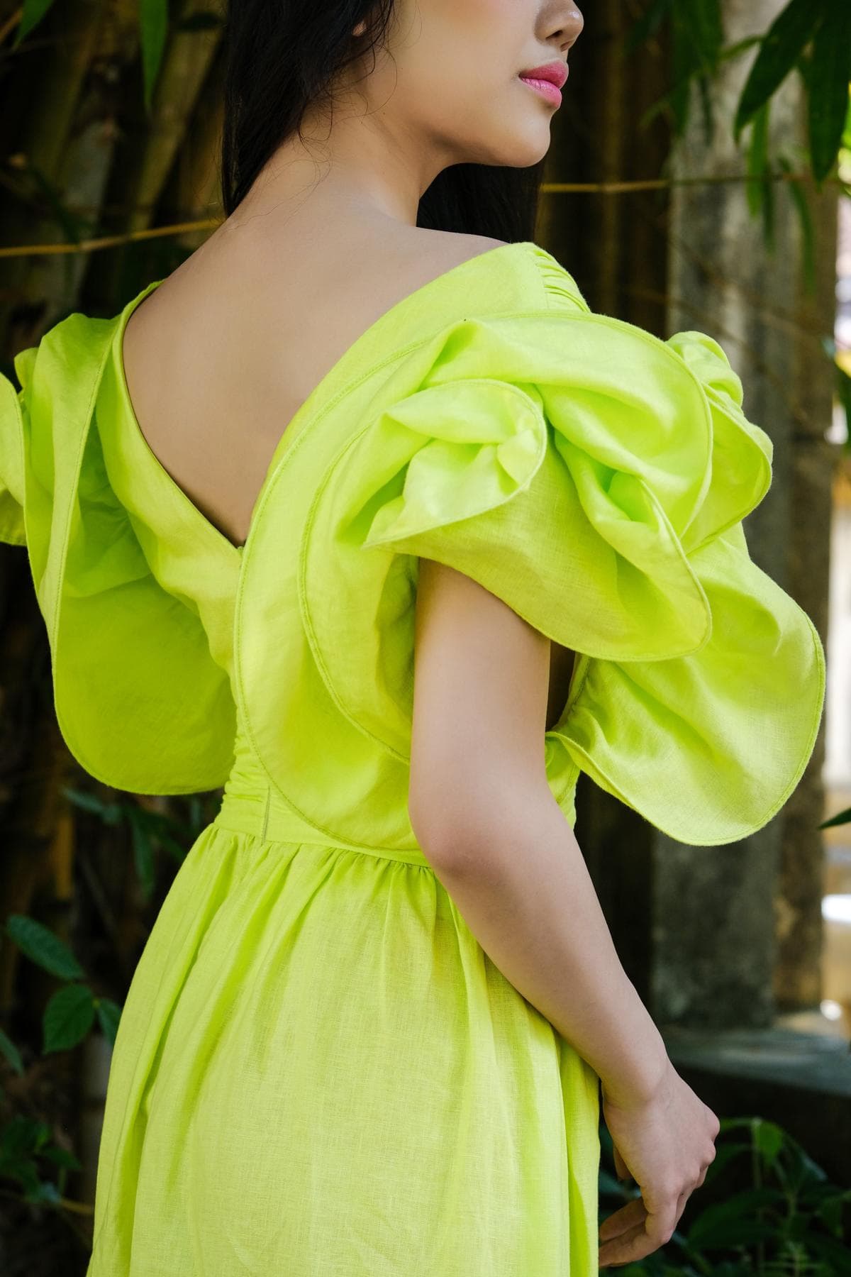 ĐẦM MIDI LINEN XANH TAY PHỒNG