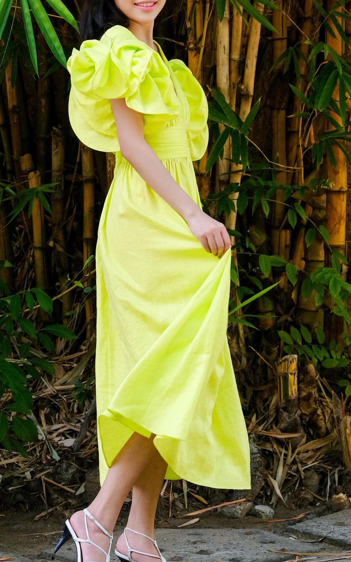 ĐẦM MIDI LINEN XANH TAY PHỒNG