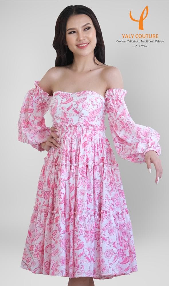 ĐẦM COTTON TẦNG HỌA TIẾT HOA HỒNG NHẠT